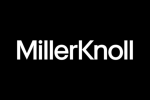 MillerKnoll logo in white against black square background